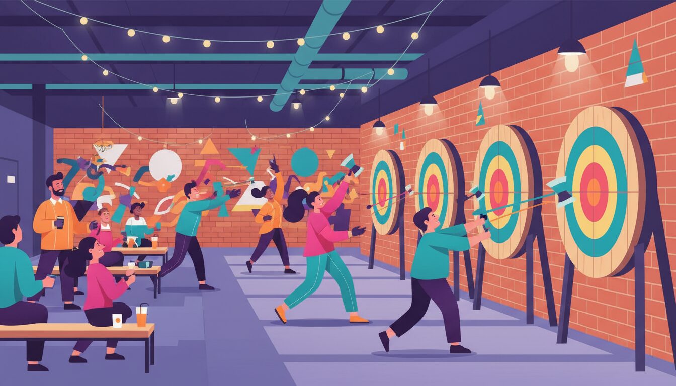 Illustration of people enjoying axe throwing at a venue