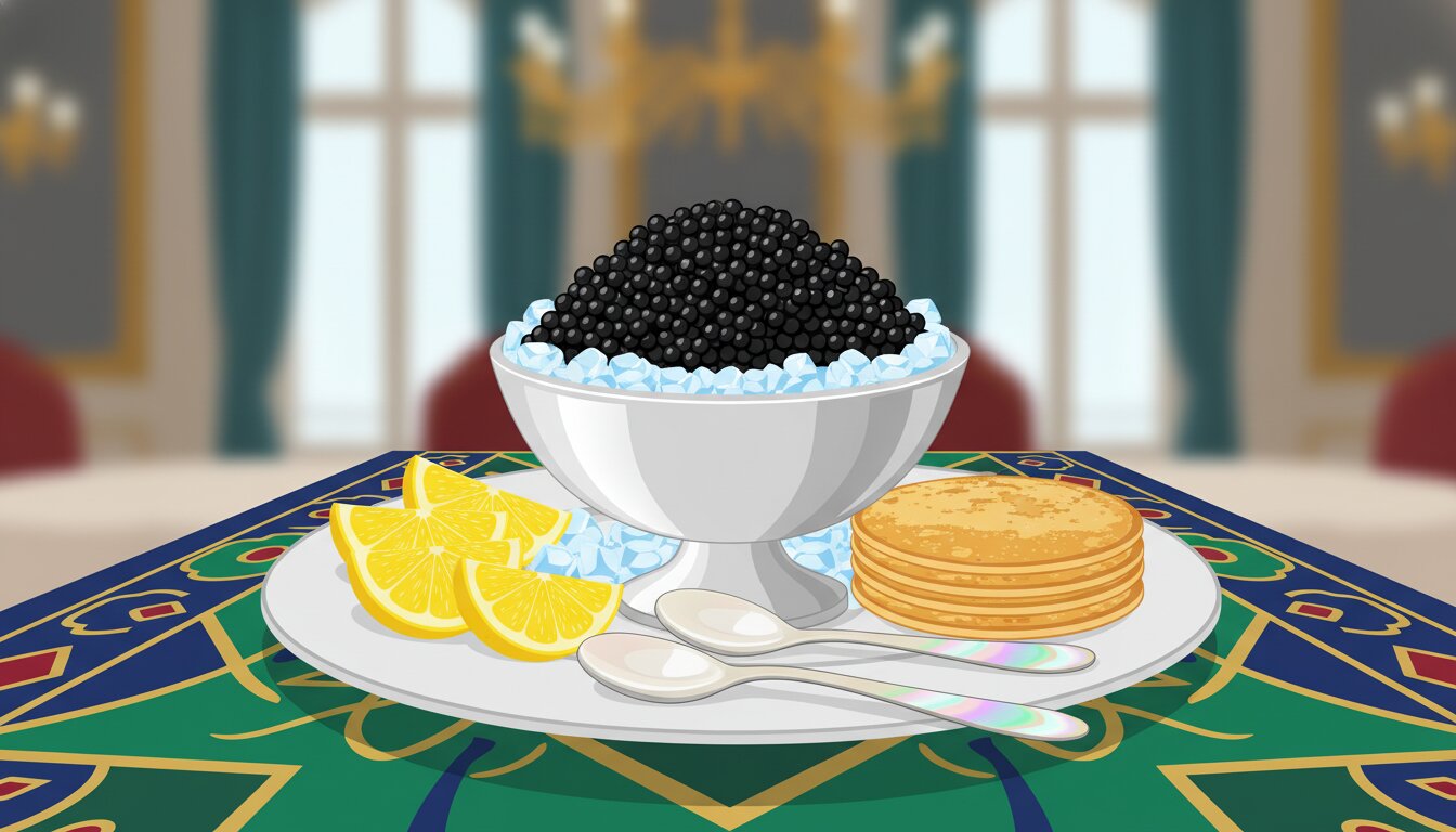Colorful illustration of elegant caviar served on ice with mother of pearl spoons and garnishes for National Caviar Day