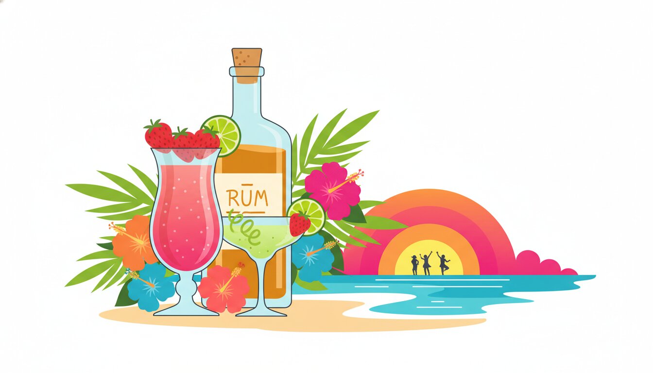 Colorful illustration of tropical daiquiri cocktails with fresh strawberries and lime garnishes for National Daiquiri Day