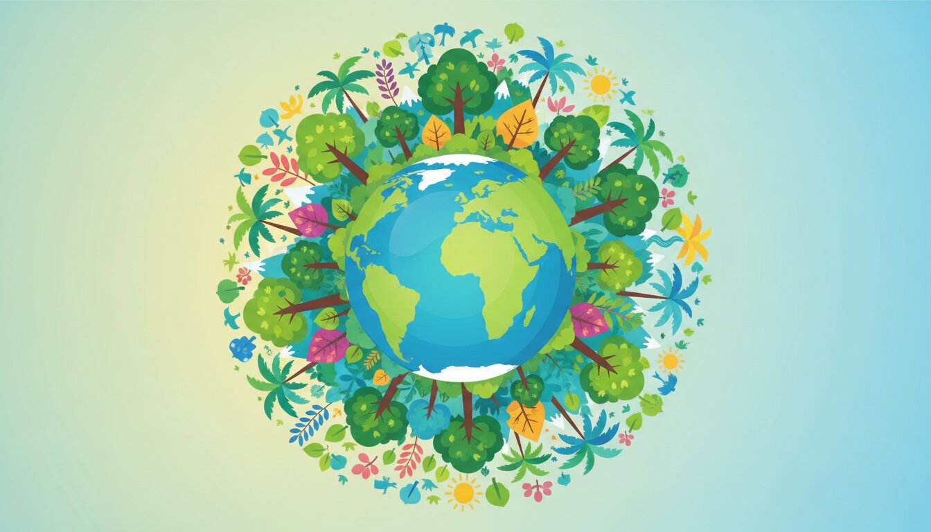 Colorful illustration of Earth surrounded by nature elements for World Environment Day