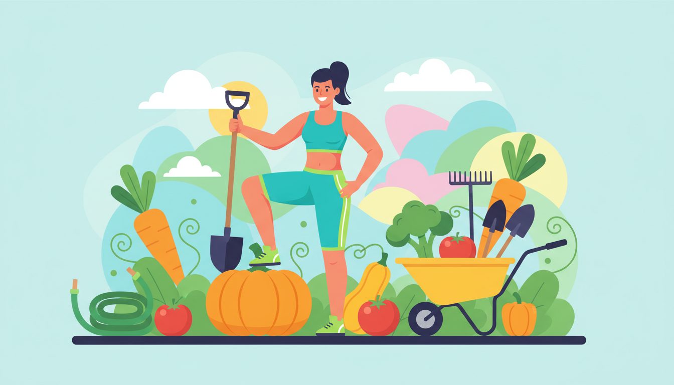 Colorful illustration of a person gardening with vegetables and exercise elements for Gardening Exercise Day