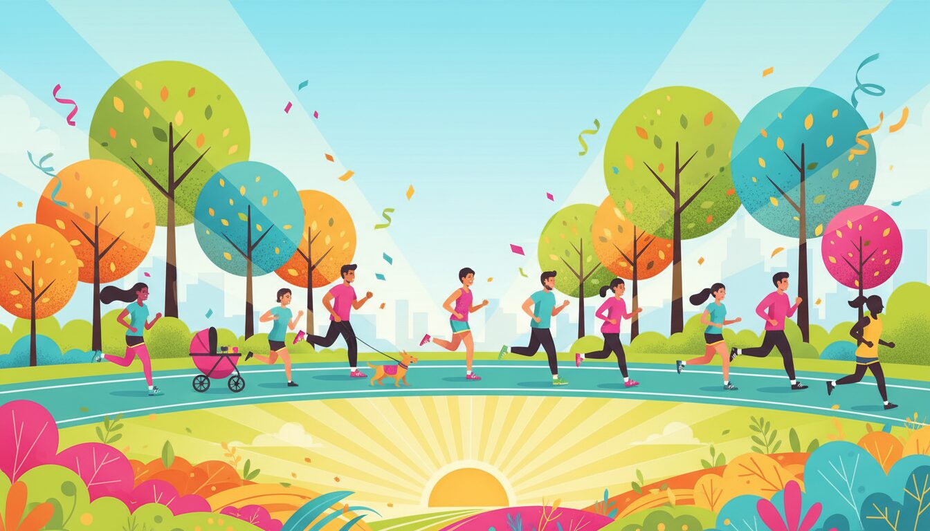Colorful illustration of runners jogging through a sunny park with trees