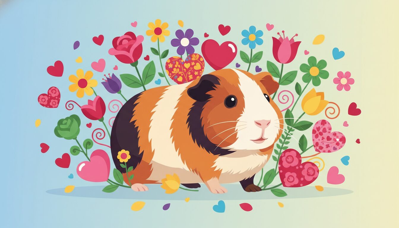 Colorful illustration of a guinea pig surrounded by hearts and flowers for Guinea Pig Appreciation Day