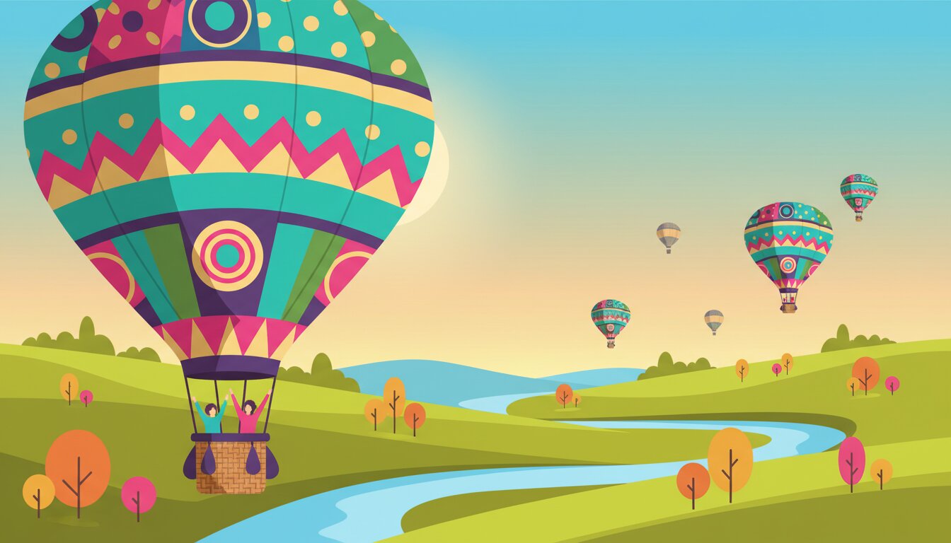 Colorful illustration of hot air balloons floating over scenic countryside for Hot Air Balloon Day