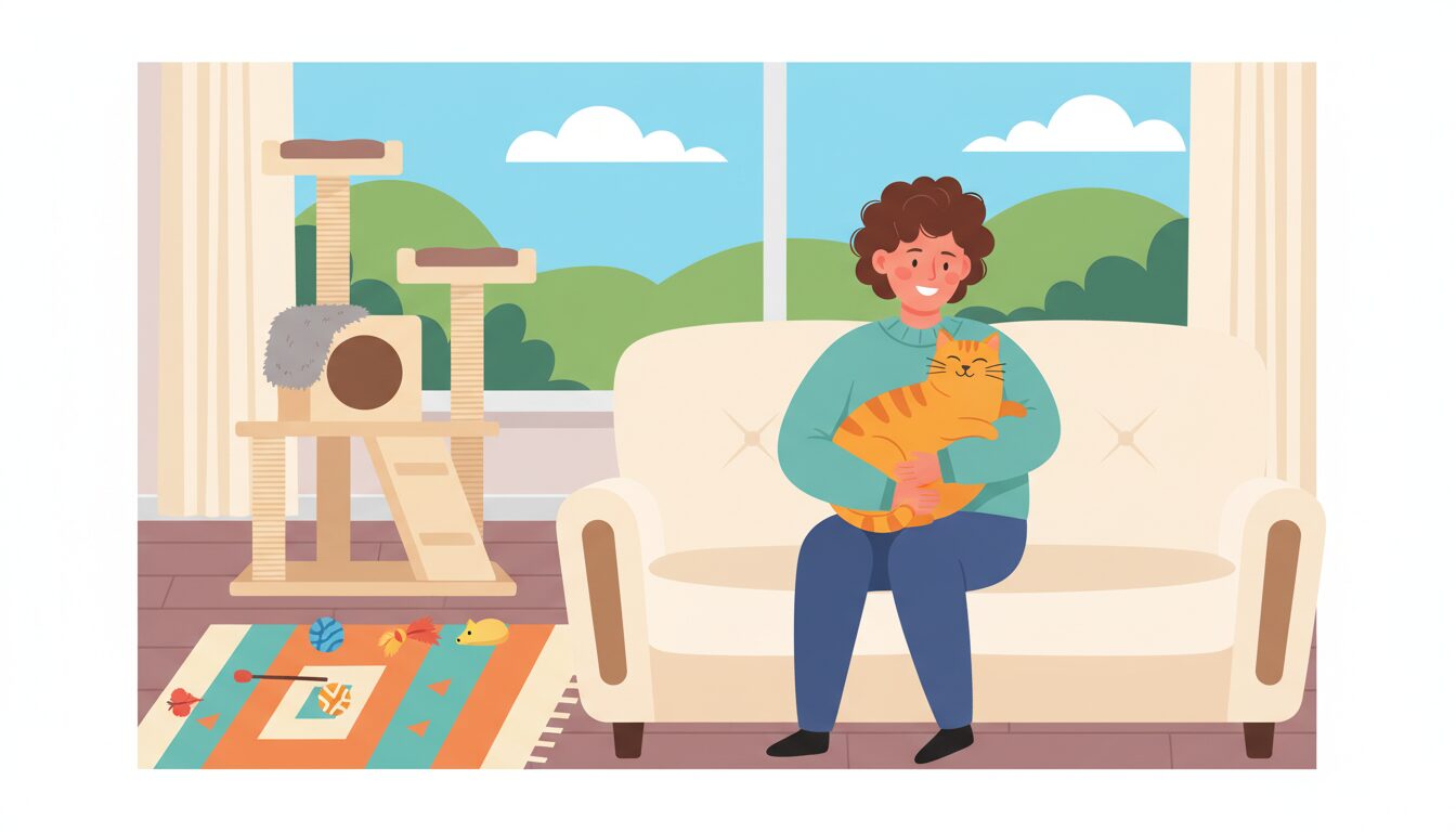 Colorful illustration of a person hugging a happy cat for National Hug Your Cat Day