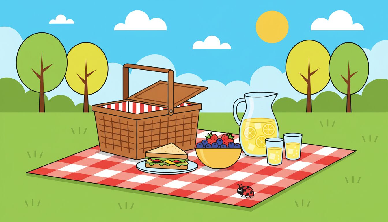 Colorful illustration of a picnic blanket with food in a sunny park