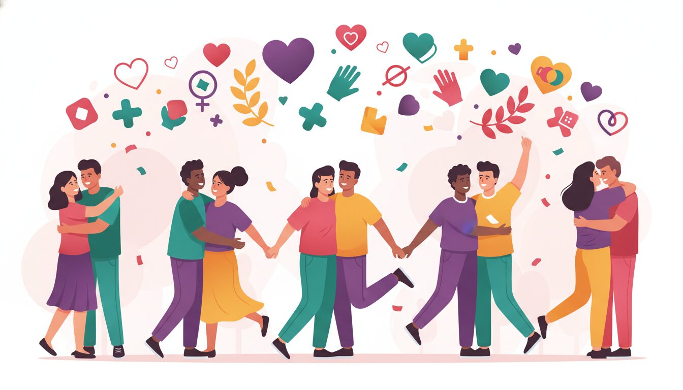 Illustration of diverse couples celebrating love and unity