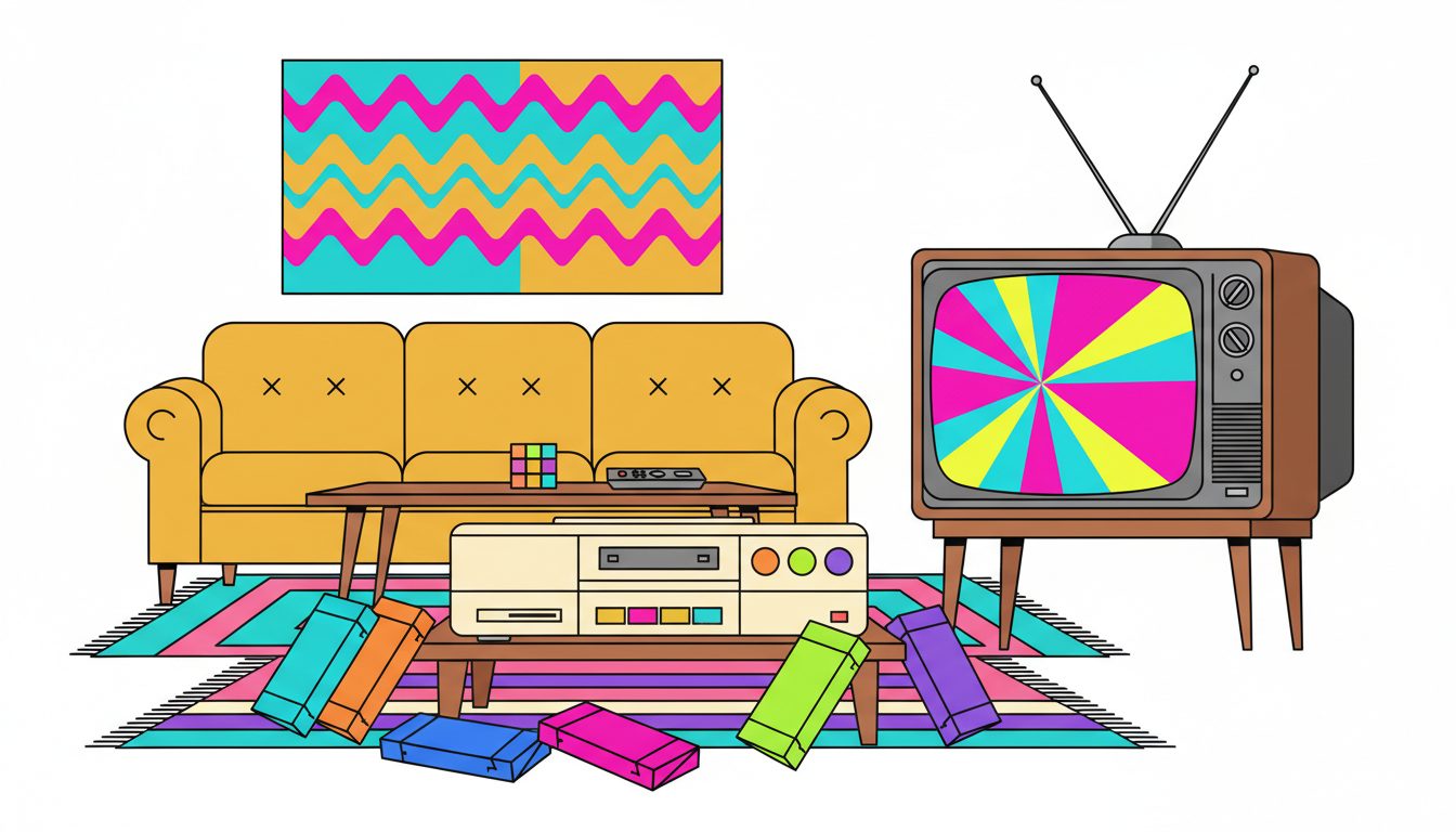 Colorful illustration of a vintage VCR player with VHS tapes and a retro television