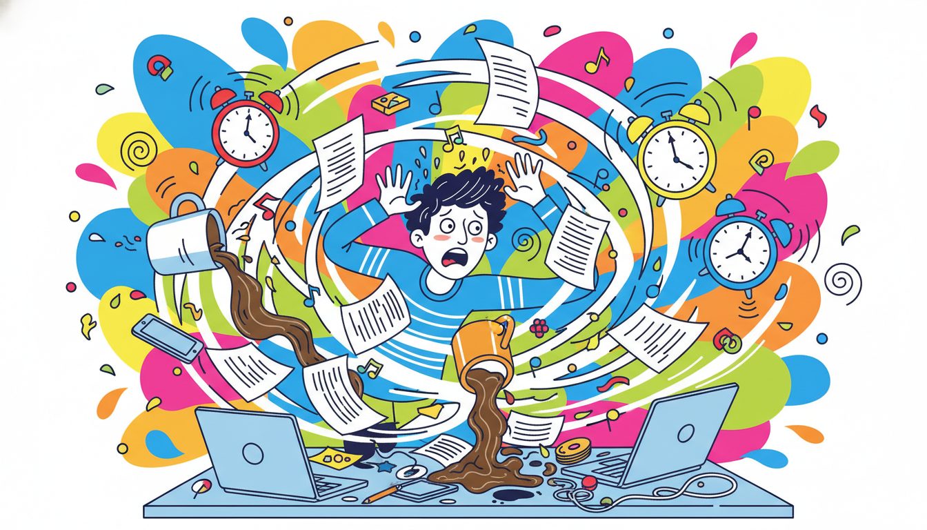 Colorful illustration of a person panicking with papers and alarm clocks
