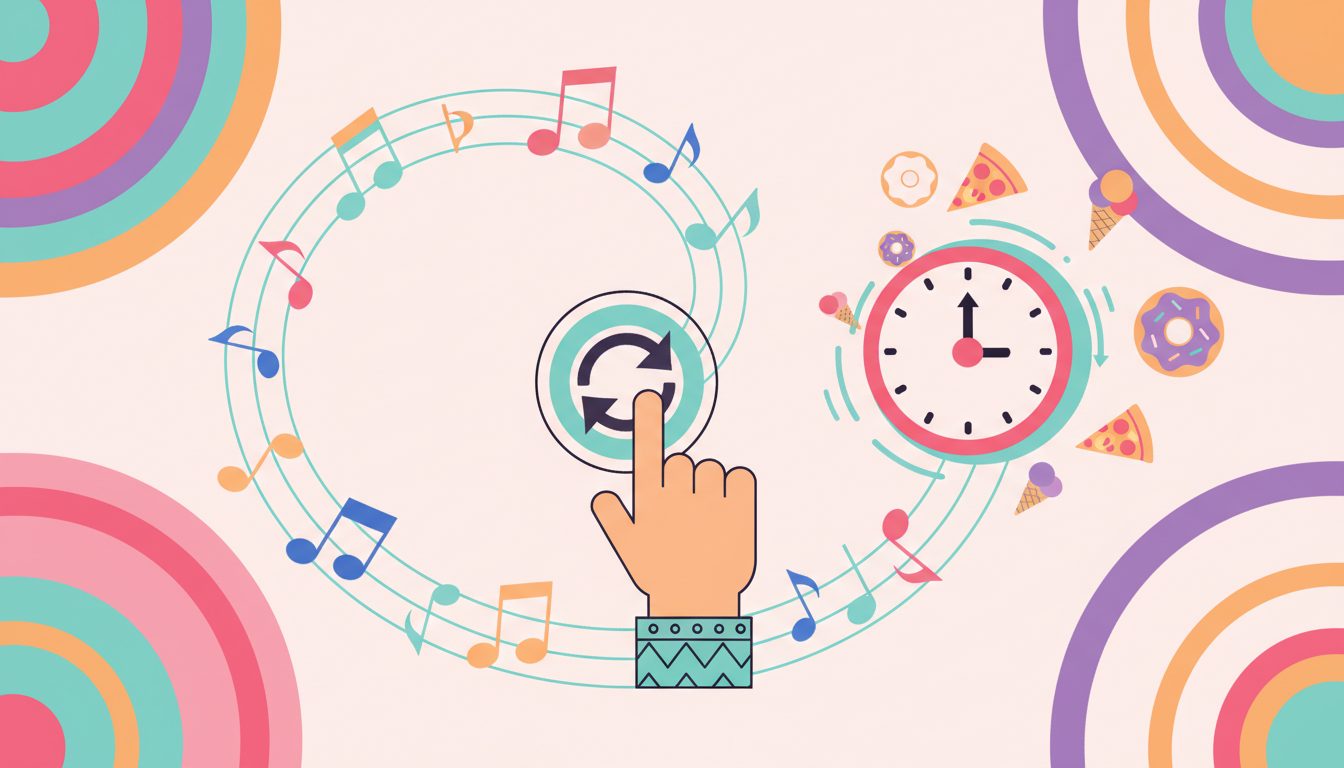 Colorful illustration of repetition and replay themes for Repeat Day