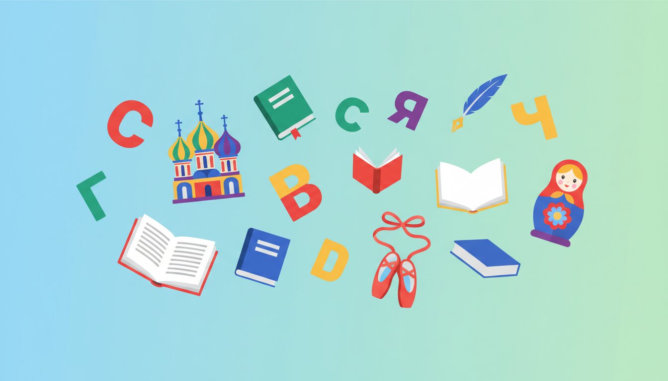 Colorful illustration of Cyrillic letters and Russian cultural symbols for Russian Language Day