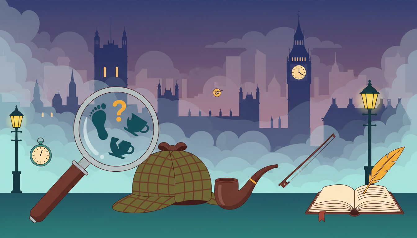 Sherlock Holmes Day illustration with detective magnifying glass and Victorian mystery elements