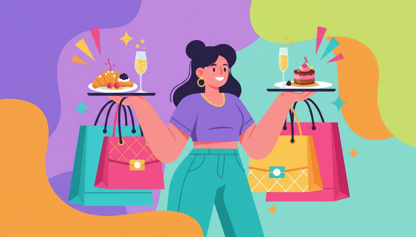 Colorful illustration of a happy person shopping and treating themselves