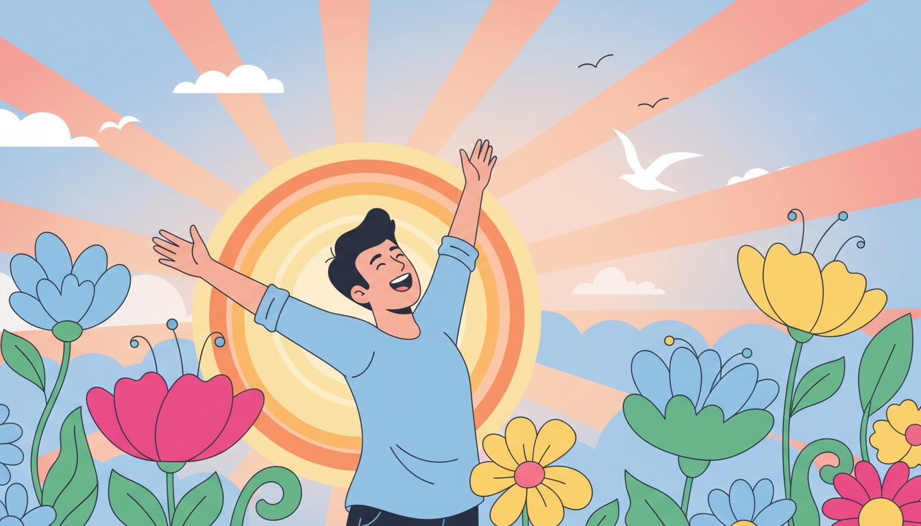Colorful illustration of a happy person stretching in the morning sunshine with flowers