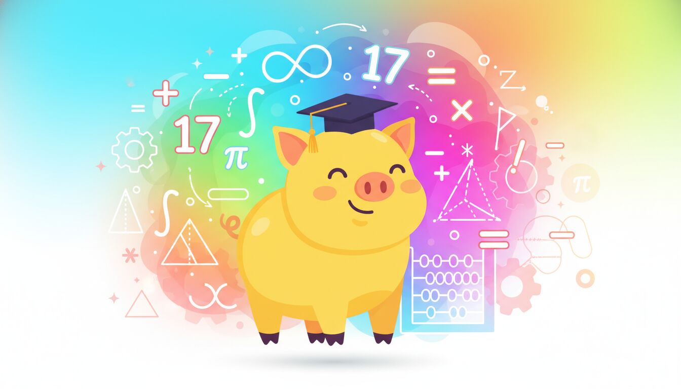 Colorful illustration of a yellow pig surrounded by mathematical symbols and the number 17 for National Yellow Pig Day